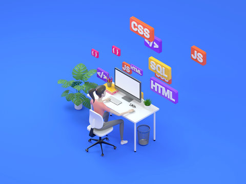 Female Frontend Developer Sitting At A Table In The Modern Office. Digital Technology Concept Learning Programming Languages. Isometric Illustration 3d Render.