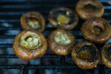 closeup of portobello musrooms on the bbq