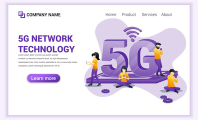 5G network technology concept. Internet systems telecommunication service. Characters using High speed wireless connection 5G. Flat vector illustration