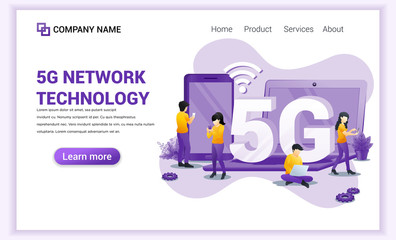 5G network technology concept. Internet systems telecommunication service. Characters using High speed wireless connection 5G. Flat vector illustration