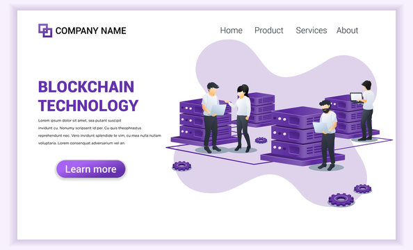 Block chain technology concept with people working on laptop and server. Mining Cryptocurrency. Can used for Web banner, landing page, web template. Modern flat vector illustration