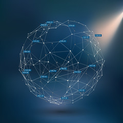 Social graph connections. Users relationship concept. Communication network abstract background. Sphere of connected nodes. Cluster net.