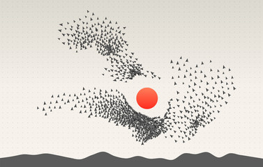 Group of self organized objects. Crowd of people behaviour. Flocking boids simulation. Artificial life model. Swarm formation.