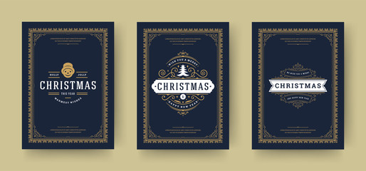 Christmas greeting cards design, ornate decoration symbols with tree, winter holidays wishes vintage typography