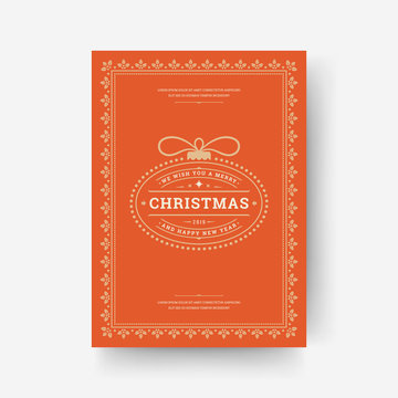 Christmas greeting card vintage typographic design, ornate decorations symbols with ball, winter holidays wish