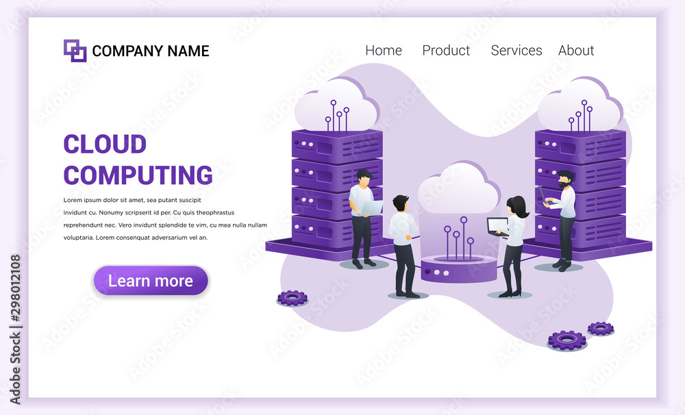 Poster cloud computing concept. digital storage, cloud hosting and digital networking with people working o