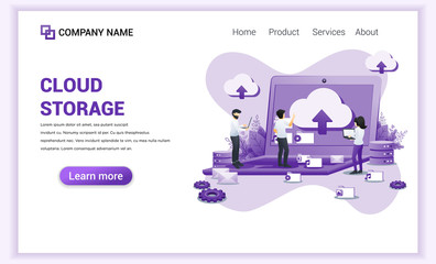 Modern Flat design concept of Cloud Computing, Cloud Storage, data center with characters on giant laptop. Can use for web banner, landing page, infographics, web template. Flat vector illustration