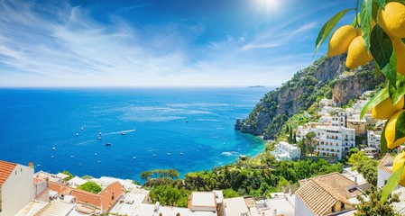 Panoramic aerial view of beautiful Positano with comfortable beaches and clear blue sea on Amalfi...