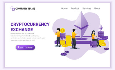 Cryptocurrency Exchange concept with people using on Mobile phone for exchange of Bitcoin and digital currencies. Can used for Web banner, landing page, web template. Modern flat vector illustration