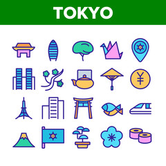 China Collection Nation Elements Icons Set Vector Thin Line. Flag And Gate, Teapot And Skyscraper, Mountain And Sushi, Tokyo Concept Linear Pictograms. Color Contour Illustrations
