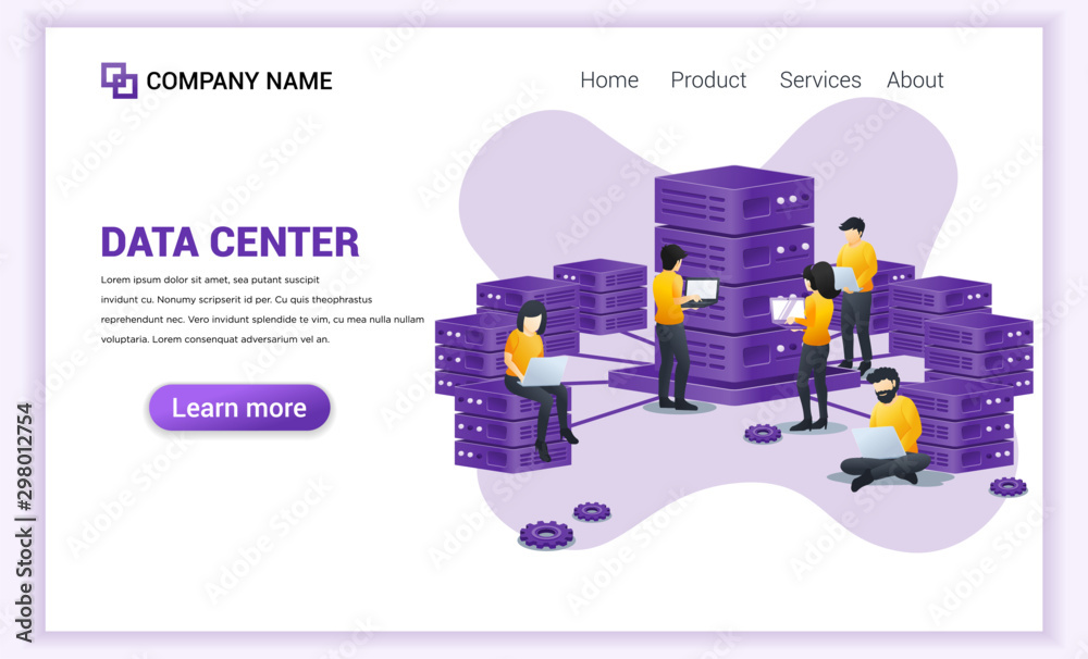 Poster data center concept with people working on laptop, managing and accessing control data on server . c
