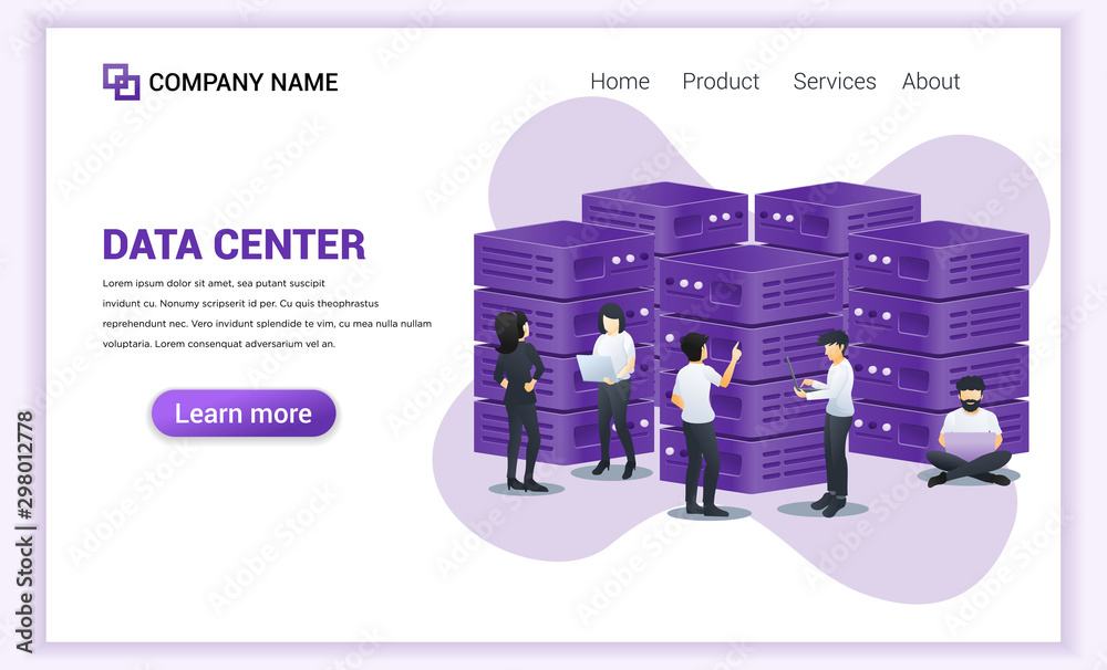 Poster modern flat design concept of data center services with characters using laptop managing data in fro
