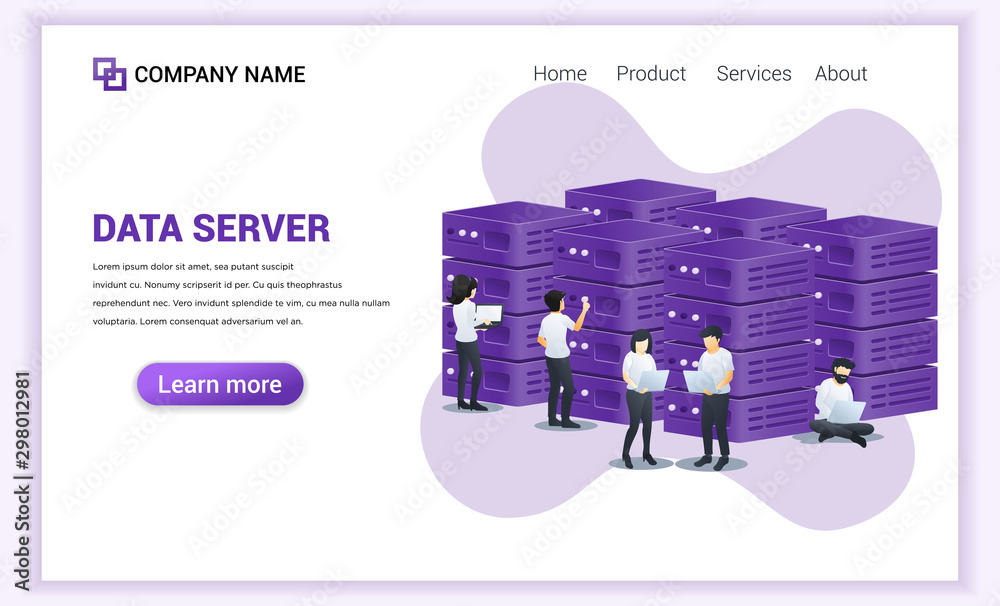 Poster data server concept. server room, data center and database. people working on laptop managing files 