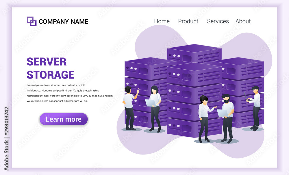 Poster server management concept. data center, server storage. people working on laptop managing data and f