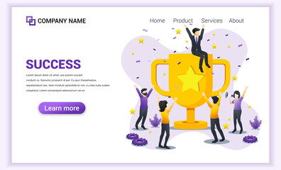 Business Team Success concept. People celebrating success with giant golden Trophy. achievement, partnership, leadership. Can used for web banner, infographics, landing page. Flat vector illustration