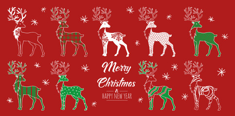 Merry Christmas greeting card red and green with modern renifer. Vector illustration. © Nessa