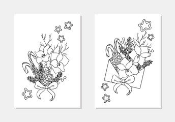 vector amarilis cone berry sweet cane spruce star christmas floral decoration coloring book outline illustration