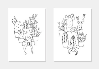 vector cactus house plant element setcoloring book outline illustration