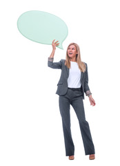 in full growth. young business woman with blank balloon for text.