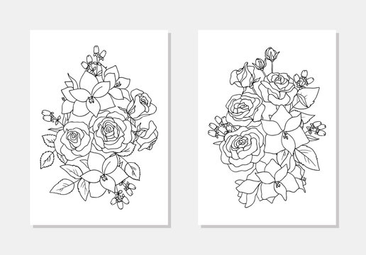 vector rose amarilis lily berry flowers leaf bouquet coloring book outline 