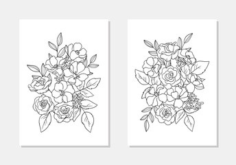 vector rose anemone flowers leaf coloring book outline bouquet