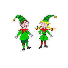 Christmas Elf Boy girl. New year Xmas characters. Hand drawn pattern, cartoon, doodle, line art, outline. Simple color illustration for greeting cards, calendars, prints, children's book