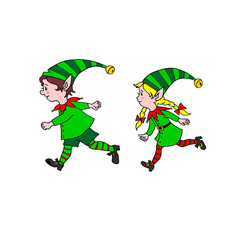Christmas Elf Boy girl, Santa Claus. New year Xmas characters. Hand drawn pattern, cartoon, doodle, line art, outline. Simple color illustration for greeting cards, calendars, prints, children's book