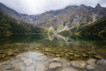 Tatra National Park, Poland. Small Mountains Lake 'Morskie Oko' In  Morning. Five Lakes Valley. Beautiful Scenic View.