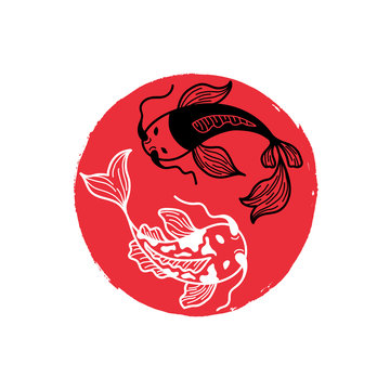 recommend clip art: Japanese Carp Koi on the Red Round Brush Spot. Painted Circle Icon. Asian Traditional Symbol with Decorative Fishes. Cover Design for Sushi Restaurant Menu