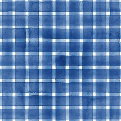 Watercolor stripe plaid seamless pattern. Blue stripes on white background