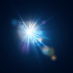 Flash burst of star light with blur and lens flare effect. Shining sun glow. Sparkling light of sun rays oNeon blue beam explosion radiance