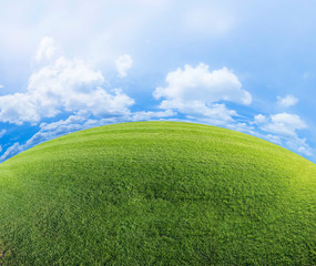 Obraz premium Panoramic view of a fresh green mowed lawn against a cloudy sky - concept image