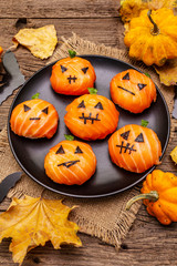 Funny Halloween Sushi Pumpkins Jack o Lantern, Sushi Monsters. Temari sushi, sushi balls. Healthy...