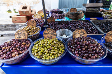 Olive stand in a farmer market in Athens, Greece