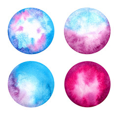 Watercolor hand drawn abstract blue and pink circles