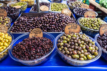 Olive stand in a farmer market in Athens, Greece