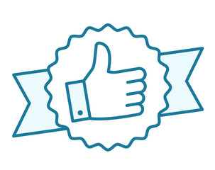 Like icon on ribbon. Thumbs up. Best buy. The best choice. Winner tape award. Vector blue color Illustration.