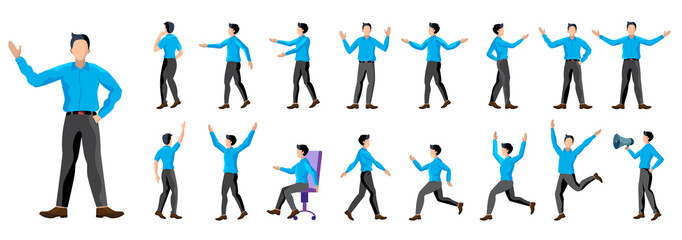 Set of young male businessman character in different poses. Flat illustration