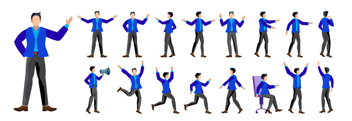 Set of young male businessman character in different poses. Flat illustration