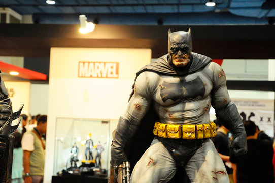 KUALA LUMPUR, MALAYSIA -MARCH 31, 2018: Fiction character of Batman from DC movies and comic. Batman action figure toys in various size display for public.