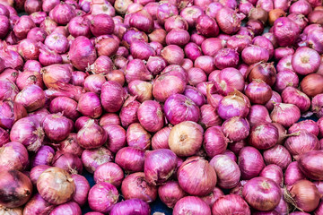 Red onion stand in a farmer market in Athens, Greece