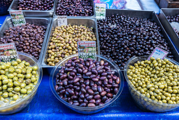 Olive stand in a farmer market in Athens, Greece