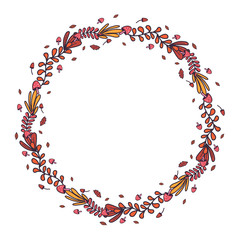 Retro hand drawn set with autumn leaf and musgrooms in round wreath for concept design.Vector botanical drawing. Autumn composition.