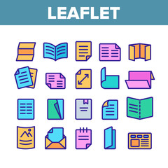 Leaflet Paper Collection Elements Icons Set Vector Thin Line. Print Leaflet And Brochure, Flyer And Document, Mail Message And Booklet Concept Linear Pictograms. Monochrome Color Illustrations