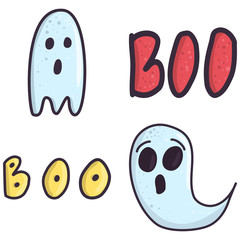 Isolated cartoon vector design with set of ghost and boo lettering. Halloween party monster icons. Flat spooky illustration.