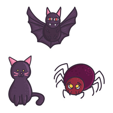 Flat set with funny bat, cat and spider for decoration design. Vector cartoon illustration. Halloween monster icons.