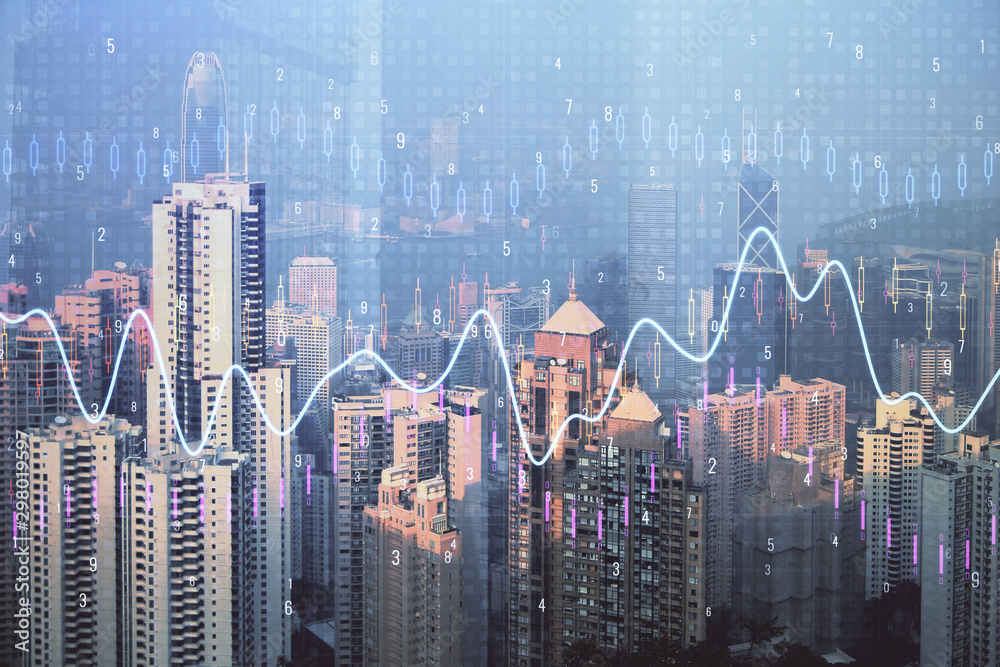 Poster forex graph on city view with skyscrapers background multi exposure. financial analysis concept.
