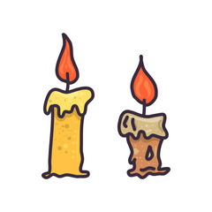 Doodle collection with set of two candle for decorative design. Colorful vector illustration. Winter holiday symbol. Vintage graphic element.