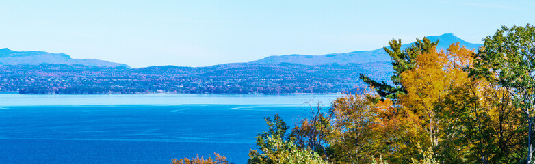 Panoramic view of Lake Champlain with Vermont state in background in late fall