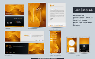 Modern yellow stationery mock up set and visual brand identity with abstract colorful dynamic background shape.